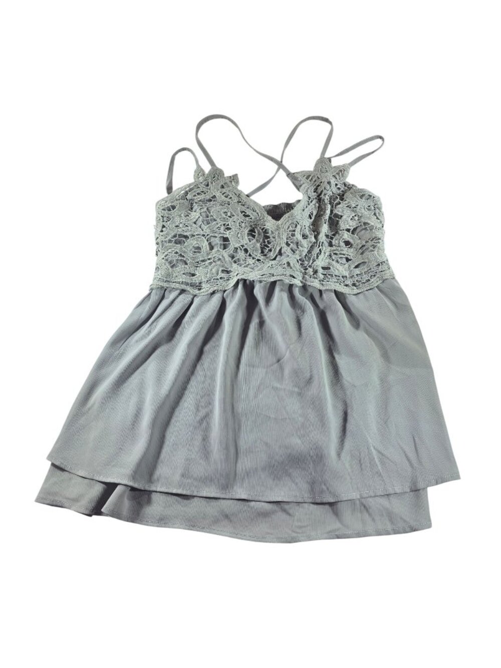 Womens Top Sleeveless Gray Lace Layered ruched XL neutral coquette babydoll
